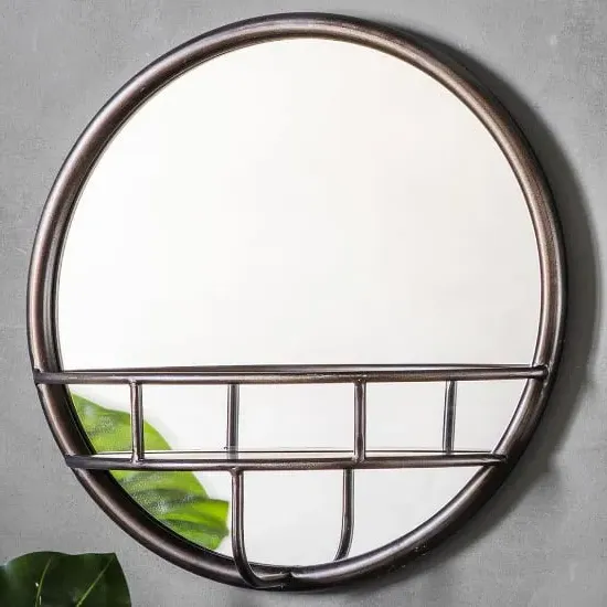 Millan Round Bathroom Mirror with Shelf - Black