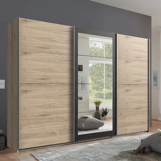 Minden Wide Wardrobe with Sliding Doors - Hickory Oak, Graphite image