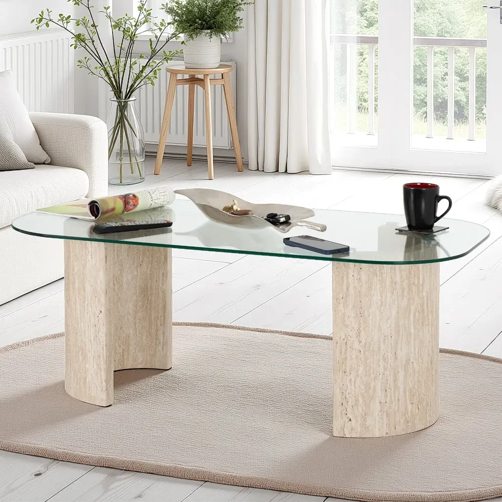 Mirano Coffee Table - Clear Glass, Cream Marble Effect product