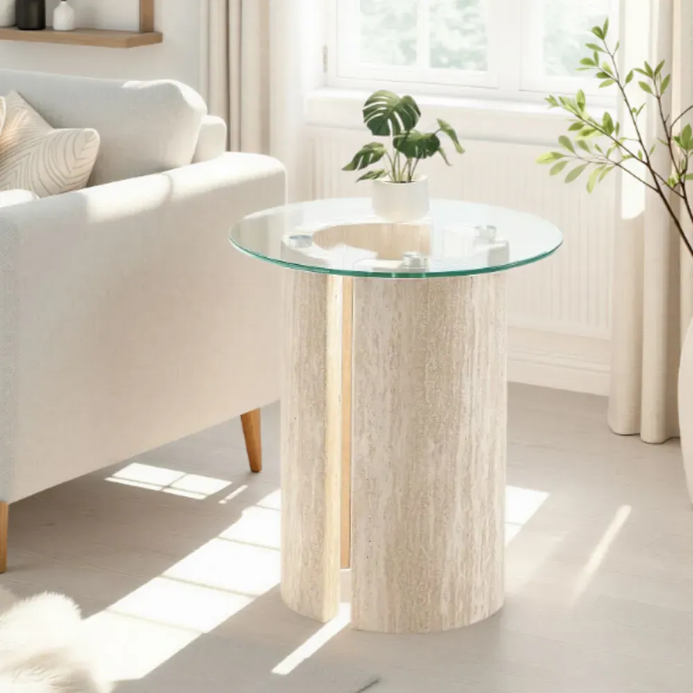 Mirano Side Table - Cream Marble Effect, Clear Glass product
