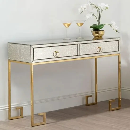 Mirzam Antique Mirrored Console Table with Drawers - Gold