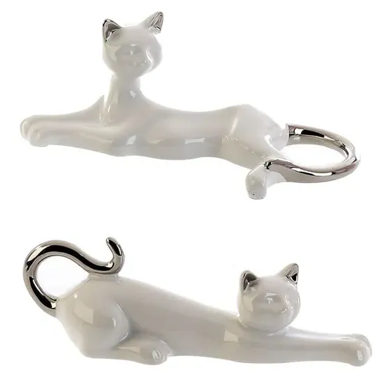 Moline Ceramics Cat Mil Ly Sculpture - White, Silver