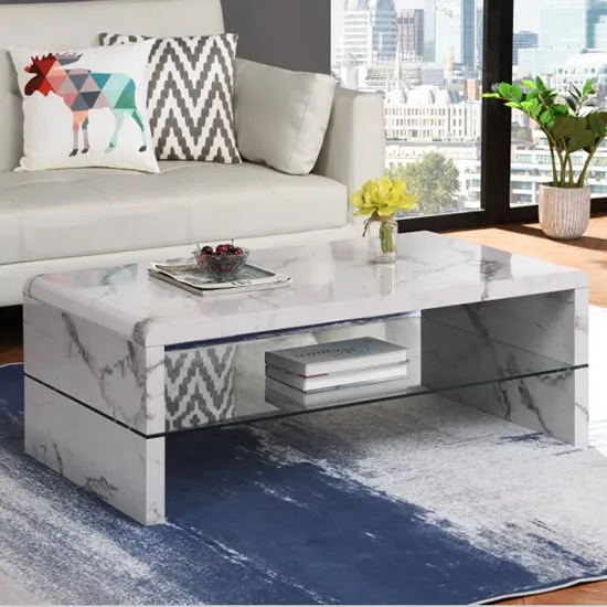 Momo Coffee Table with Glass Undershelf - Diva Marble Effect, High Gloss image
