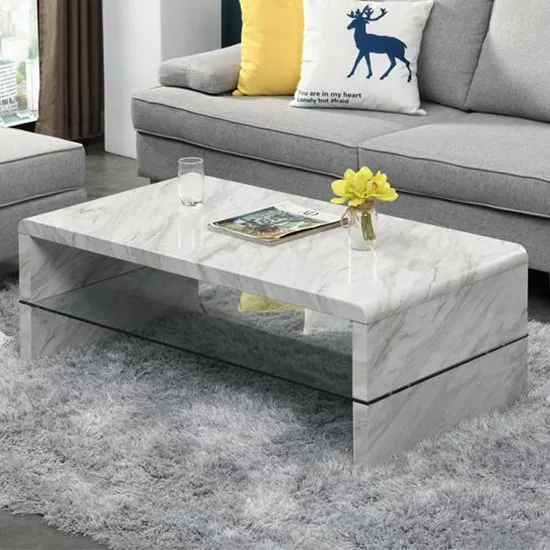 Momo Coffee Table with Glass Undershelf - Magnesia Marble Effect