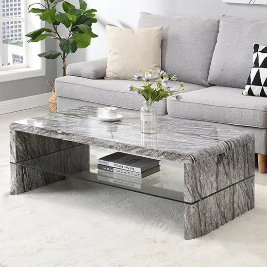 Momo Coffee Table with Glass Undershelf - Melange Marble Effect