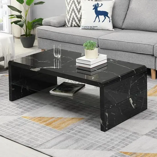 Momo Coffee Table with Glass Undershelf - Milano Marble Effect