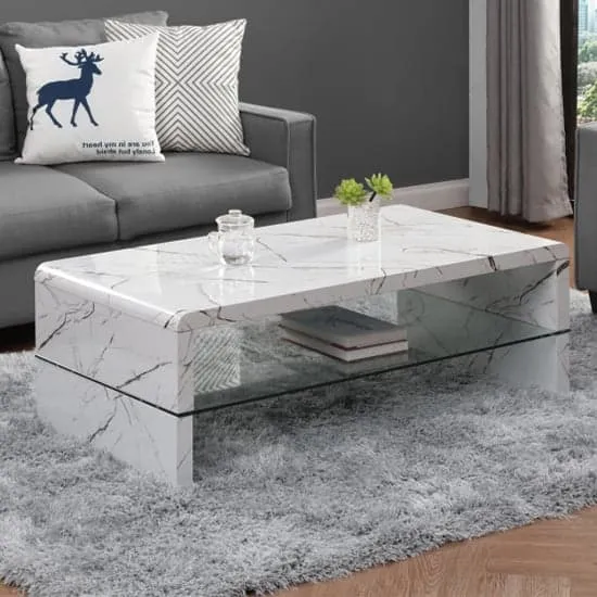 Momo Coffee Table with Glass Undershelf - Vida Marble Effect