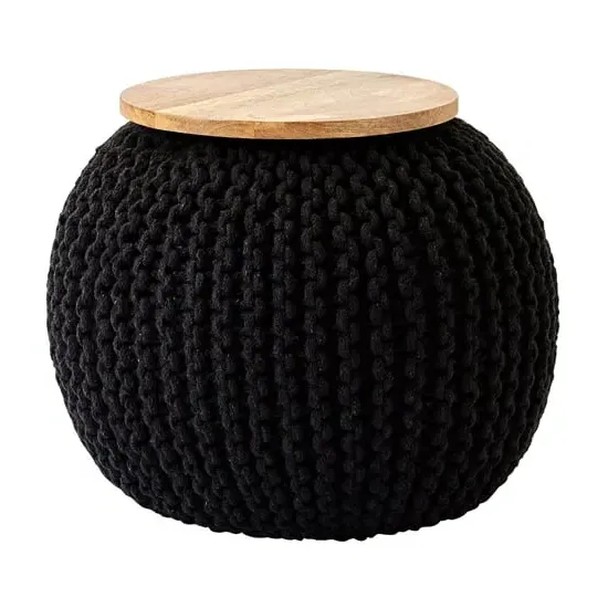 Morgan Round Woven Pouffe with Wooden Plate - Black image