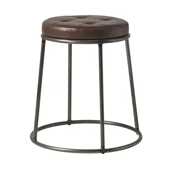 Mortan Low Stool with Leather Seat - Brown, Metal