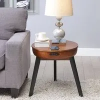 Morvik Round Lamp Table with Wireless Charging - Walnut alternate view