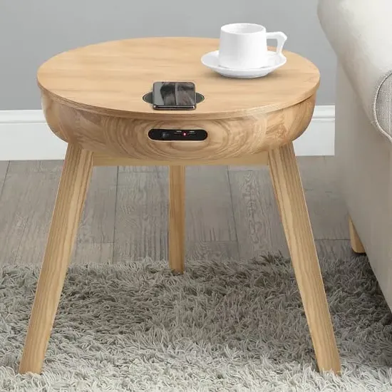 Morvik Round Smart Lamp Table with Wireless Charging - Ash image