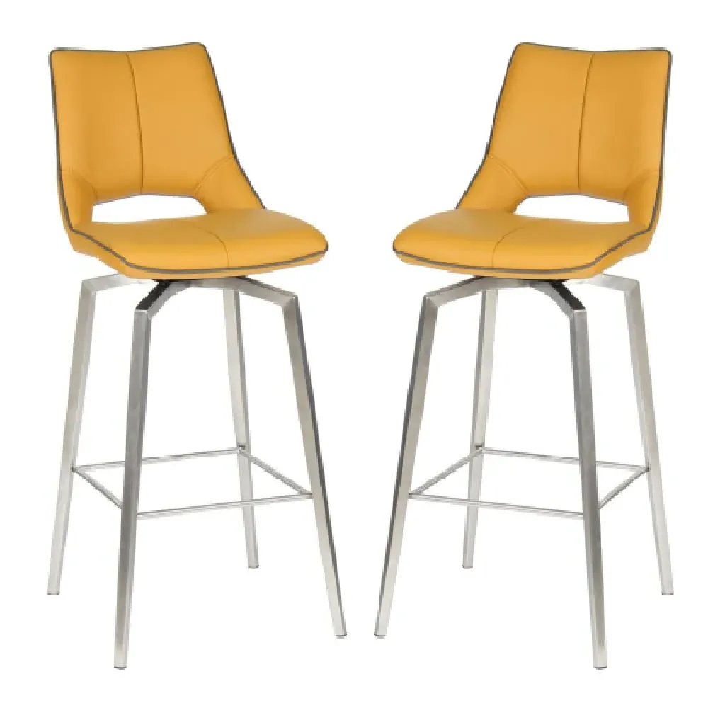 Mosul Swivel Bar Chairs with Steel Legs - Yellow, Leather