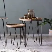 Muffin Nest of 2 Tables with Metal Frame - Natural, Wood
