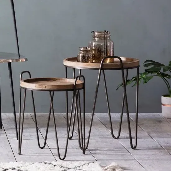Muffin Nest of 2 Tables with Metal Frame - Natural, Wood