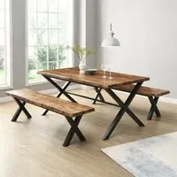 Munich Dining Table with 2 Benches - Rustic Oak