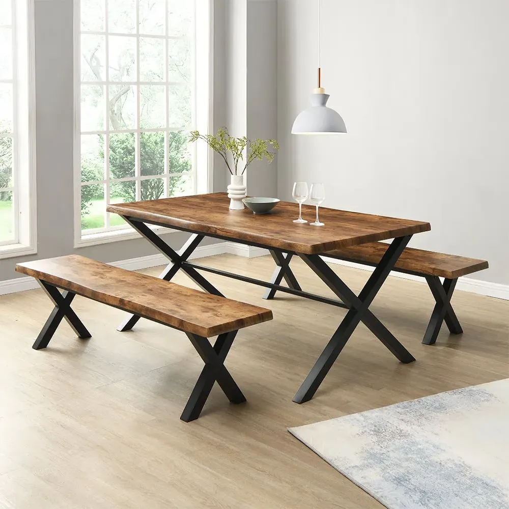 Munich Dining Table with 2 Benches - Rustic Oak