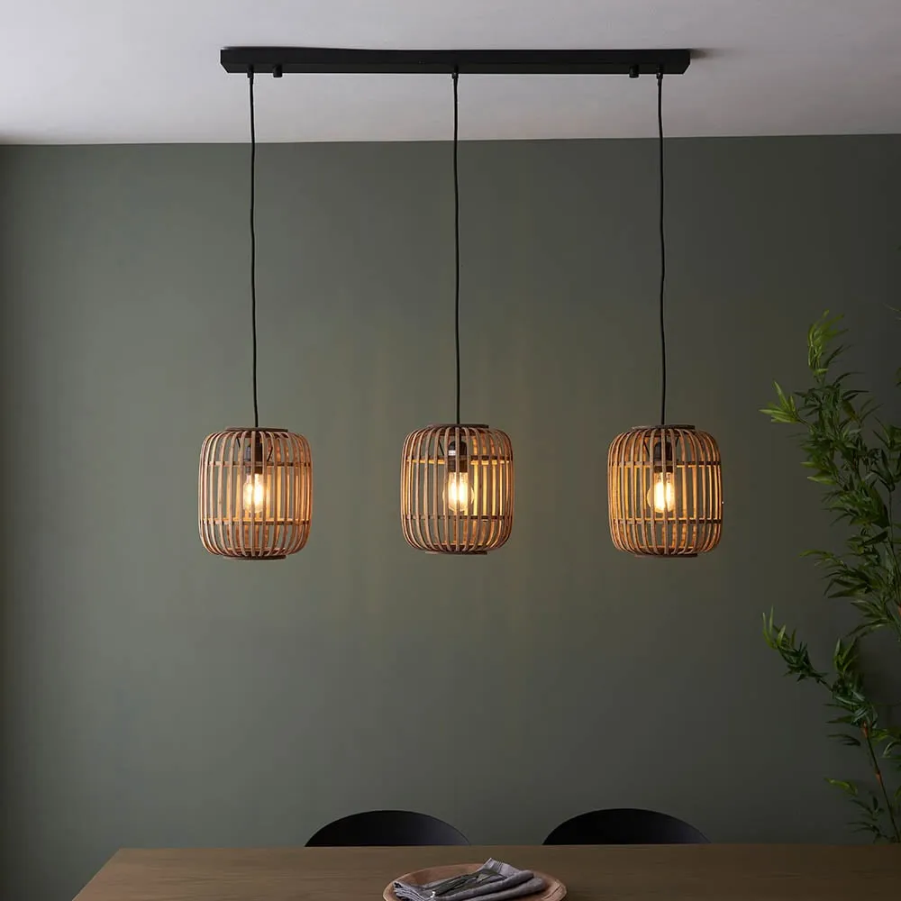 Murray 3 Light Pendant Ceiling Light - Black, Natural Bamboo