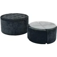 Myrion Glass Top Coffee Table Set with 4 Stools - Black, Fabric alternate view