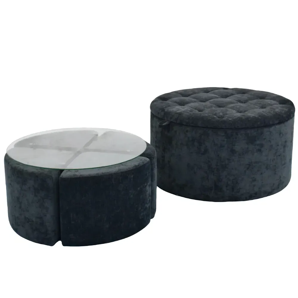 Myrion Glass Top Coffee Table Set with 4 Stools - Black, Fabric product