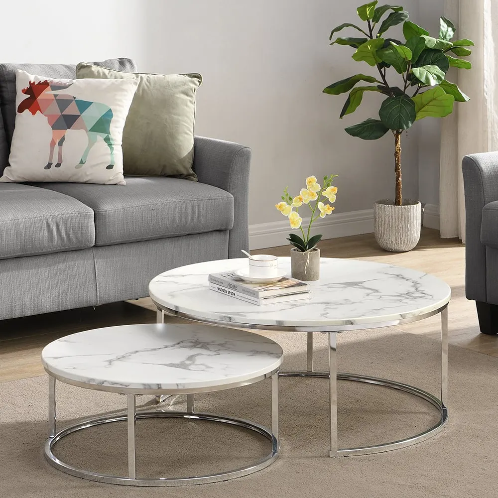 Mystique Round Nesting Coffee Tables - White, Marble Effect