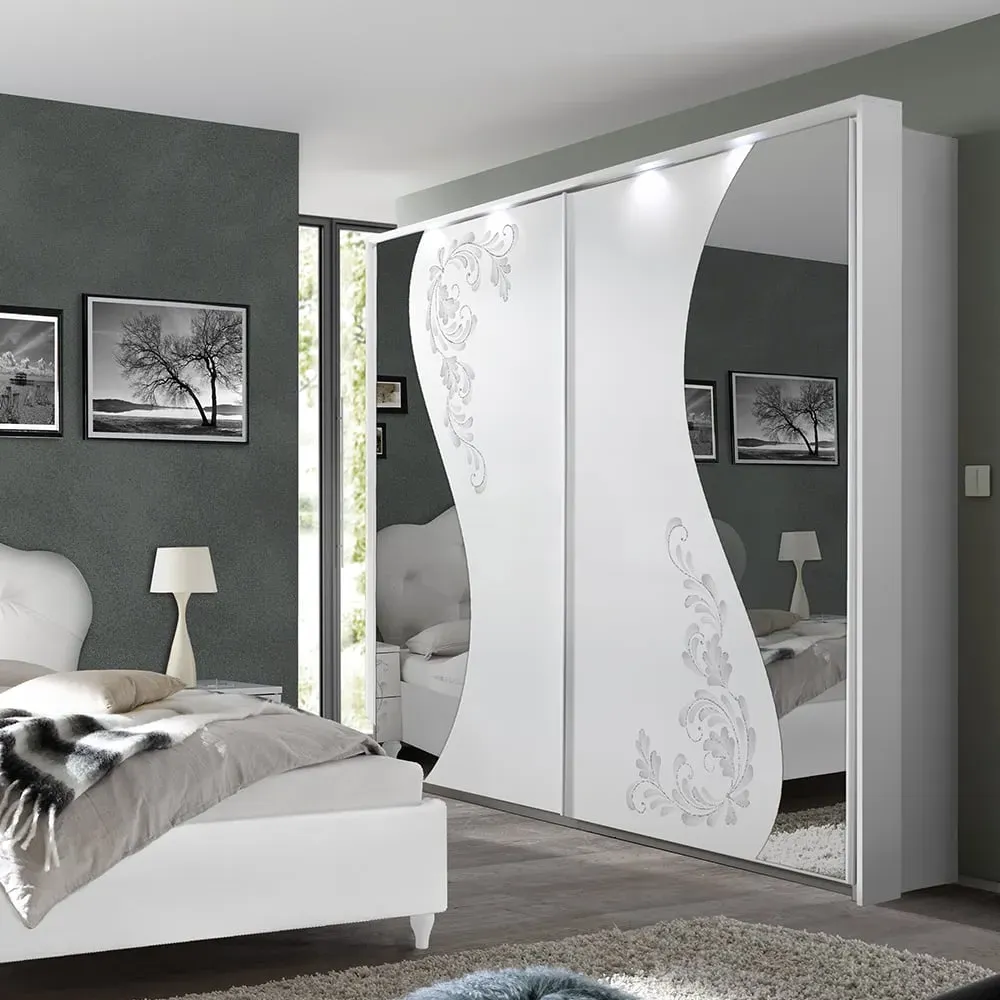 Naihati Wardrobe with Mirror and LED - White, Wood