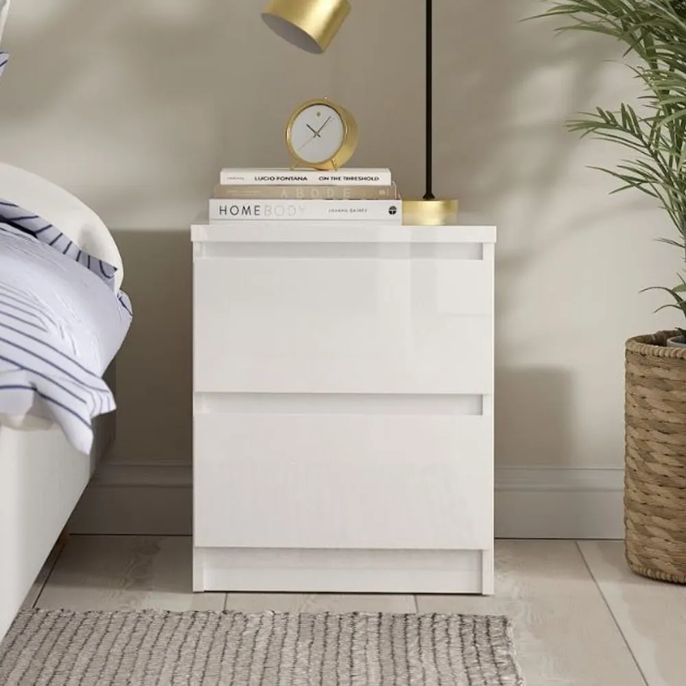 Nakou Bedside Cabinet with 2 Drawers - White, High Gloss