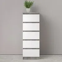 Nakou Narrow 5-Drawer Chest - White, High Gloss