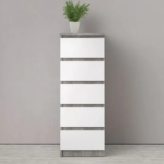 Nakou Narrow 5-Drawer Chest - White, High Gloss