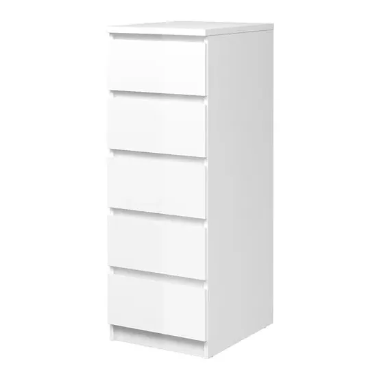 Nakou Narrow 5-Drawer Chest - White, High Gloss