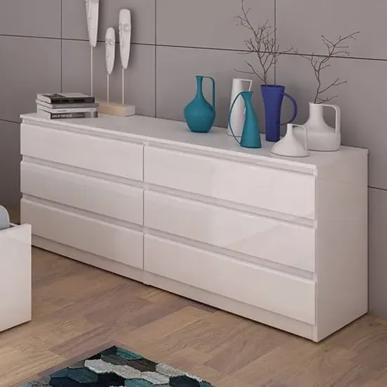 Nakou Wide 6-Drawer Chest - White, High Gloss