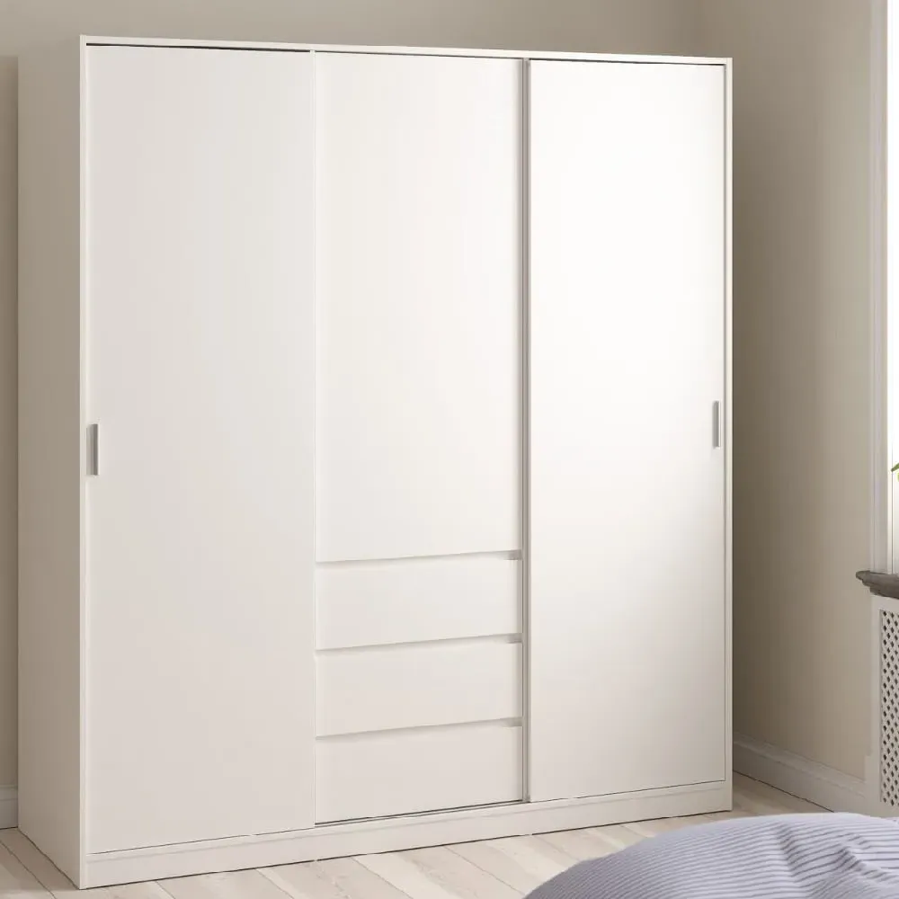 Nakou Wooden Wardrobe with 2 Sliding Doors 3 Drawers - White