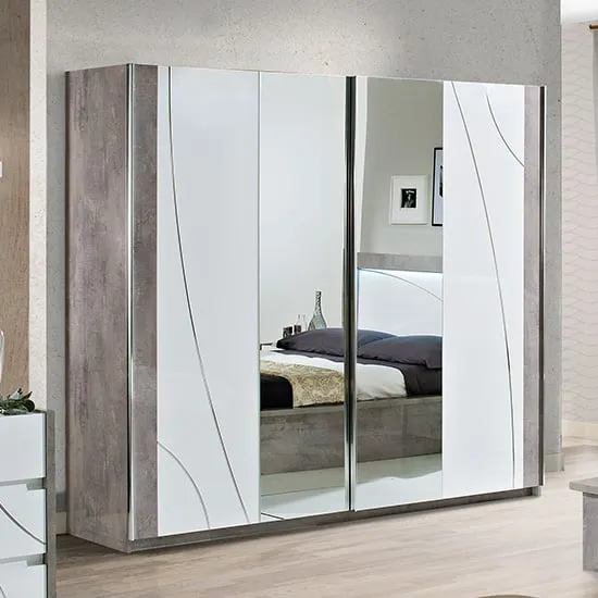 Namilon Large Mirrored Sliding Wardrobe - White, Grey Marble