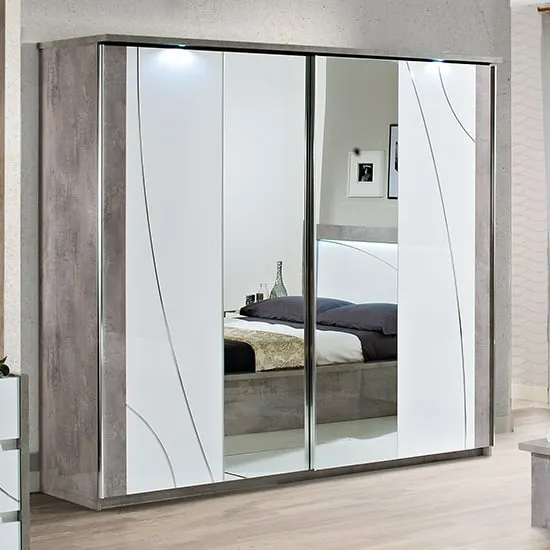 Namilon LED Large Mirrored Wardrobe - White, Grey Marble