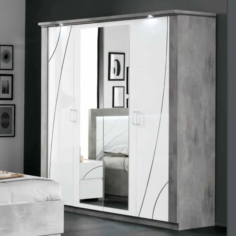 Namilon LED Mirrored Wardrobe 4 Doors - White, Grey Marble image
