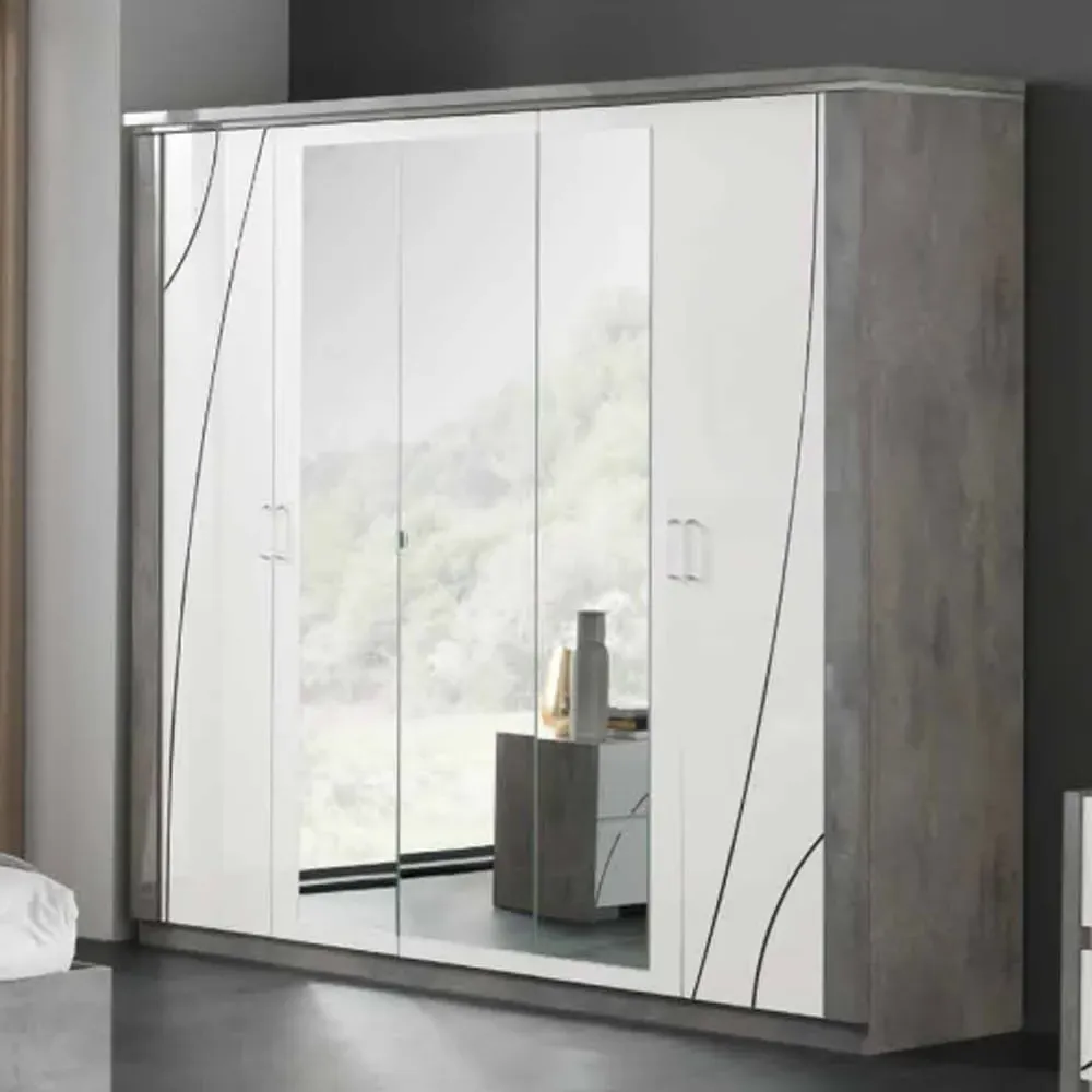 Namilon LED Mirrored Wardrobe 5 Doors - White, Grey Marble
