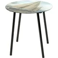Nampa Round Glass Side Table - Sailing Ship Print