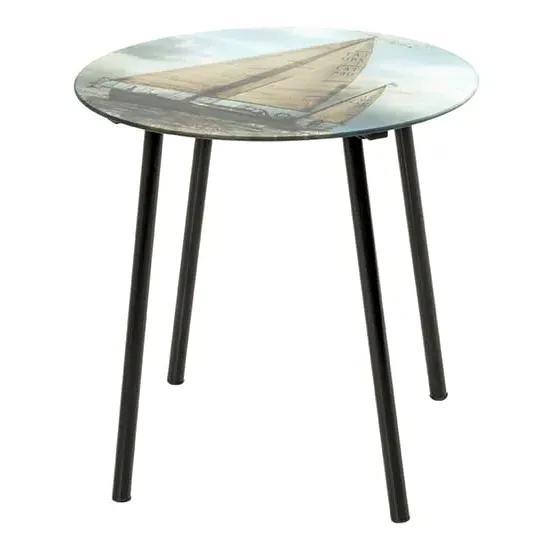 Nampa Round Glass Side Table - Sailing Ship Print image