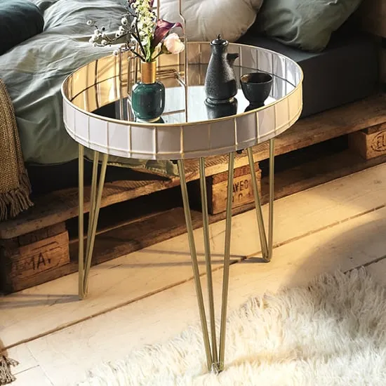 Nampa Round Mirrored Side Table - Taupe, Metal
