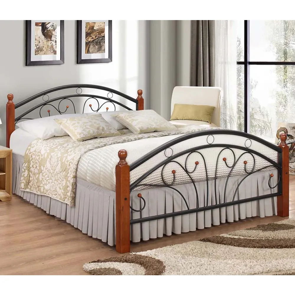 Natick Double Bed Frame with Wooden Pillar - Dirty Oak