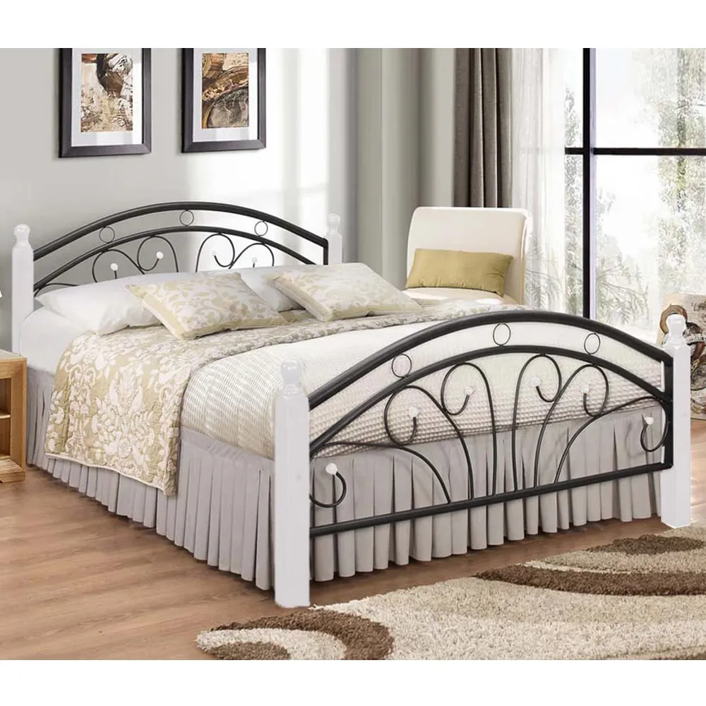 Natick Double Bed Frame with Wooden Pillar - White
