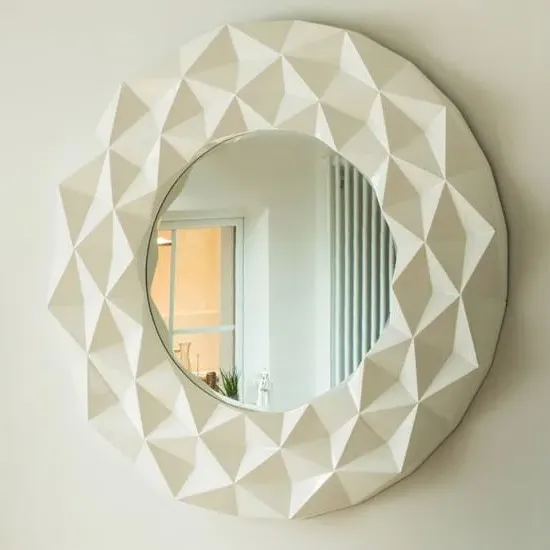 Necro Round Wall Mirror with 3D Frame - White, Polyresin