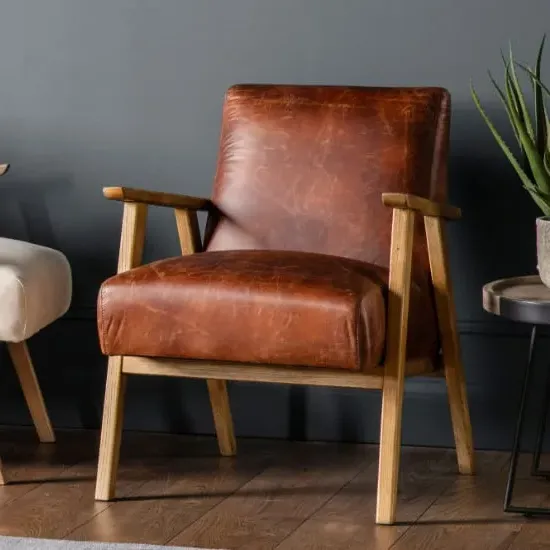 Neelan Leather Armchair with Wooden Frame - Brown image