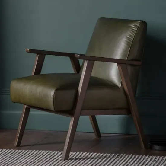Neelan Leather Armchair with Wooden Frame - Green