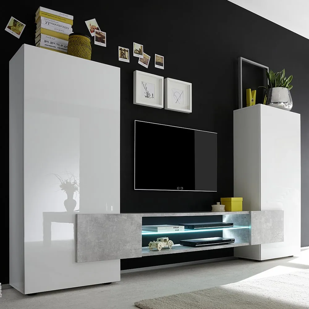 Nevaeh High Gloss Entertainment Unit with LED - White, Cement