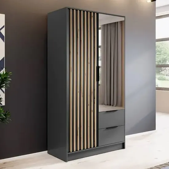 Newberry 2-Door Mirrored Wardrobe with Storage - Graphite