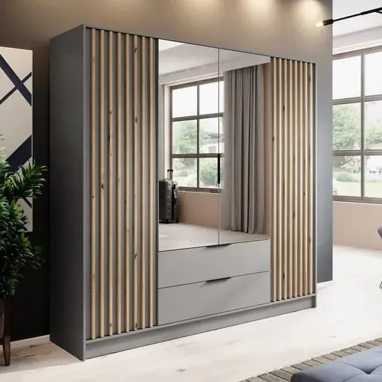 Newberry 4-Door Mirrored Wardrobe with Storage - Grey