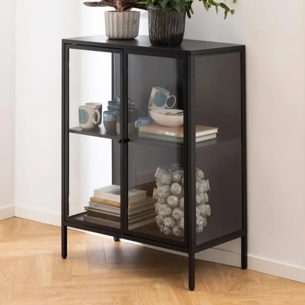 Newberry Wide Display Cabinet with 2 Doors - Black, Metal