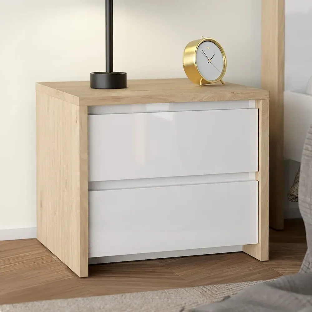 Norfolk 2-Drawer Bedside Cabinet - Hickory, White Gloss image