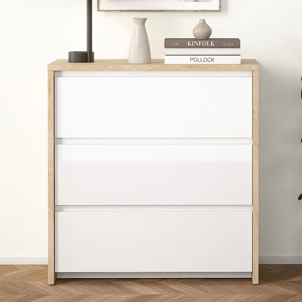 Norfolk 3-Drawer Chest - White Gloss, Jackson Hickory image
