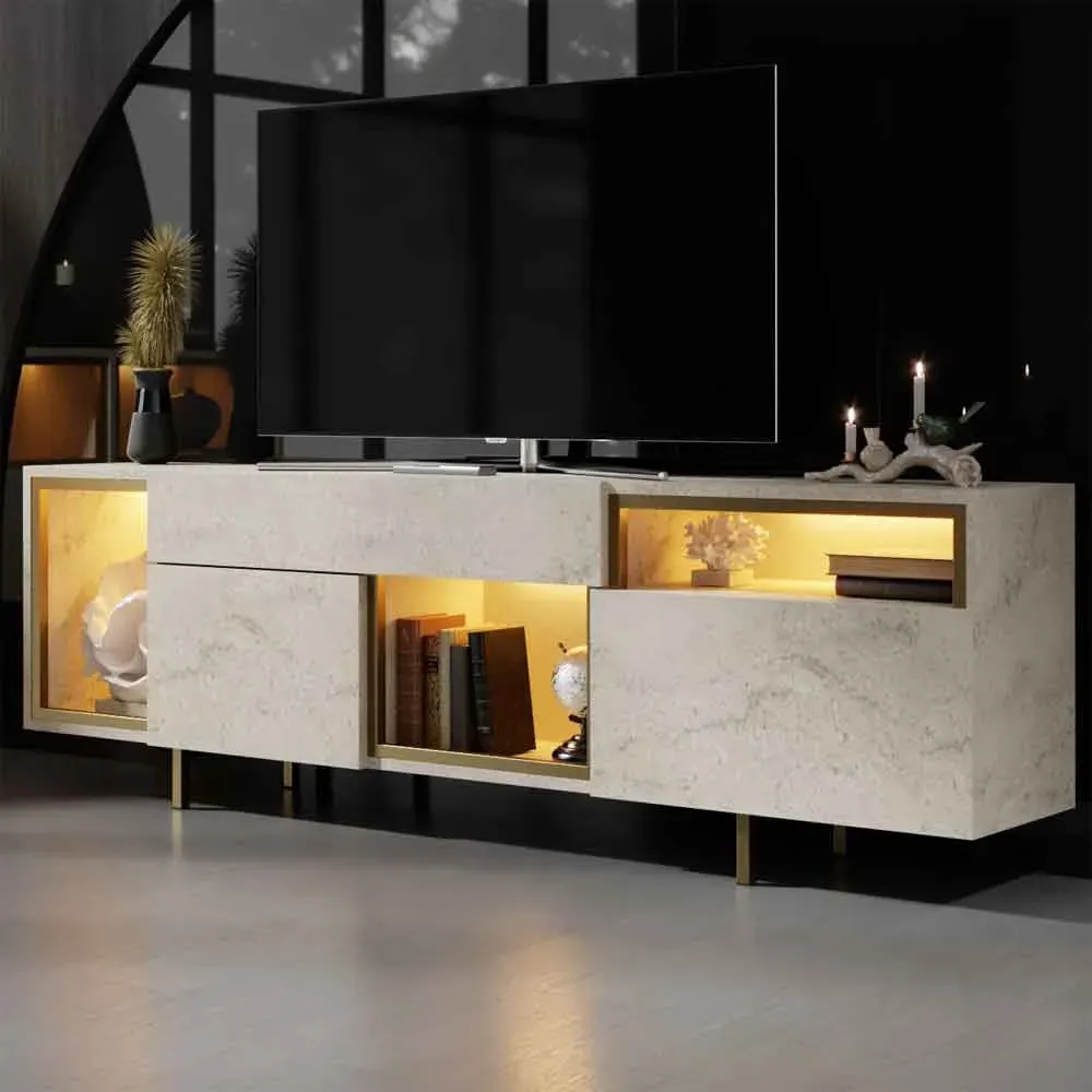 Norm LED TV Stand with 2 Doors - Marble Effect, Gold product